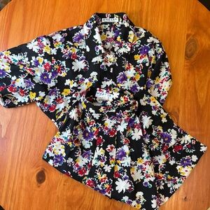 Vintage Two Piece Set - Floral Short Sleeve Button Up and Knee-Length Skirt